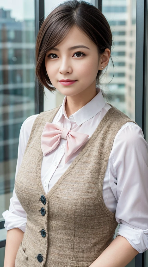 1 girl, mature woman, vest, bow, photograph, realistic, highest quality, hire, detailed face, office, building from the window, detailed background, diffused sunlight, Depth of bounds written, Bokeh