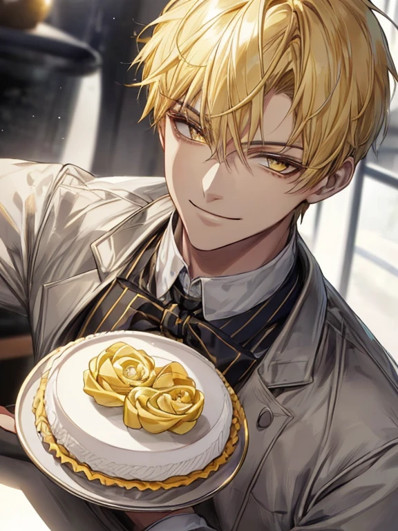 extremely detailed, 1 man, solo, perfect face, pretty face, highly detailed face,yellow short hair, yellow eyebrows、Handsome man with expressive eyes, smiling, yellow eyes、(((patissier)))、Huangze Ryota、(muste piece), (best quality)