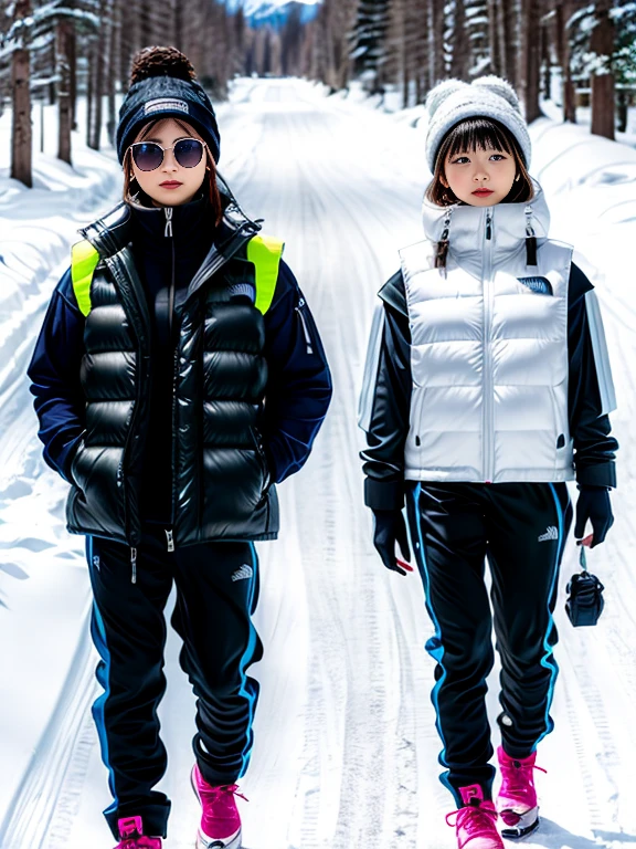 very detailed、masterpiece、Ski Resort Background、a woman in a (white down vest at northface):1.4, white puffer vest and black pants posing for a picture, model is wearing techtical vest, sportswear, sportswear, かわいいsportswear, nanocarbon-vest,headphone, white!!, white coat, tech wear women pictures, 2 techwear women, catalog photo, stylish coat for rave, full body photo, future inflatable jacket, Miko, Kim Woo