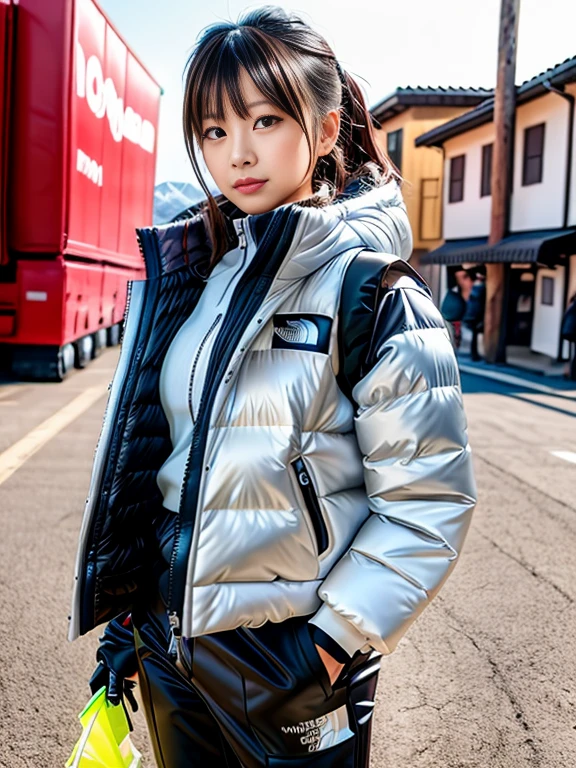 very detailed、masterpiece、Ski Resort Background、a woman in a (white down vest at northface):1.4, white puffer vest and black pants posing for a picture, model is wearing techtical vest, sportswear, sportswear, かわいいsportswear, nanocarbon-vest,headphone, white!!, white coat, tech wear women pictures, 2 techwear women, catalog photo, stylish coat for rave, full body photo, future inflatable jacket, Miko, Kim Woo