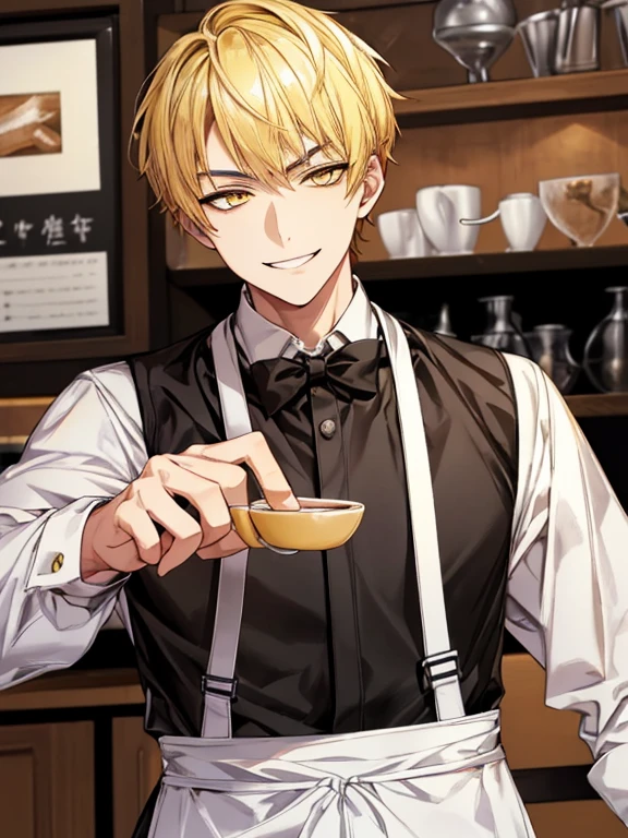 extremely detailed, 1 man, solo, perfect face, pretty face, highly detailed face，yellow short hair, yellow eyebrows、Handsome man with expressive eyes, smiling, yellow eyes、(((Barista Apron)))、Huangze Ryota、(muste piece), (best quality)