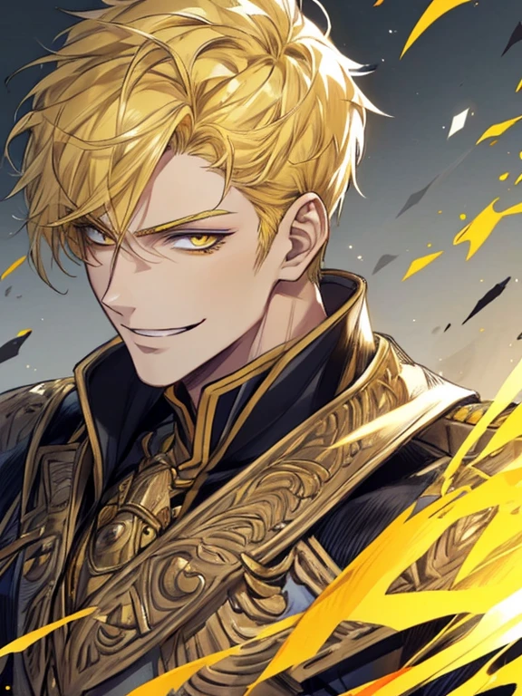 extremely detailed, 1 man, solo, perfect face, pretty face, highly detailed face,yellow short hair, yellow eyebrows、Handsome man with expressive eyes, smiling, yellow eyes、(((warrior)))、(muste piece), (best quality)