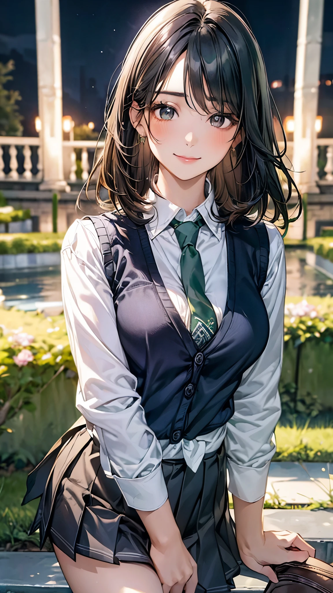(masterpiece:1.2, top-quality), (realistic, photorealistic:1.4), beautiful illustration, (natural side lighting, movie lighting),
looking at viewer, cowboy shot, front view:0.6, 1 girl, japanese, high school girl, perfect face, cute and symmetrical face, shiny skin,
(short hair:1.7, straight hair:1.5, sidelocks, black hair), parted bangs, emerald green eyes, long eye lasher, (large breasts:0.7, thick thighs),
beautiful hair, beautiful face, beautiful detailed eyes, beautiful clavicle, beautiful body, beautiful chest, beautiful thigh, beautiful legs,
((white long sleeve collared shirts, grey pleated mini skirt, navy socks, brown loafers, dark green tie, black cardigan vest)), pink panties, BREAK,
(beautiful scenery), evening, riverside, walking, wave hand, (lovely smile, upper eyes),