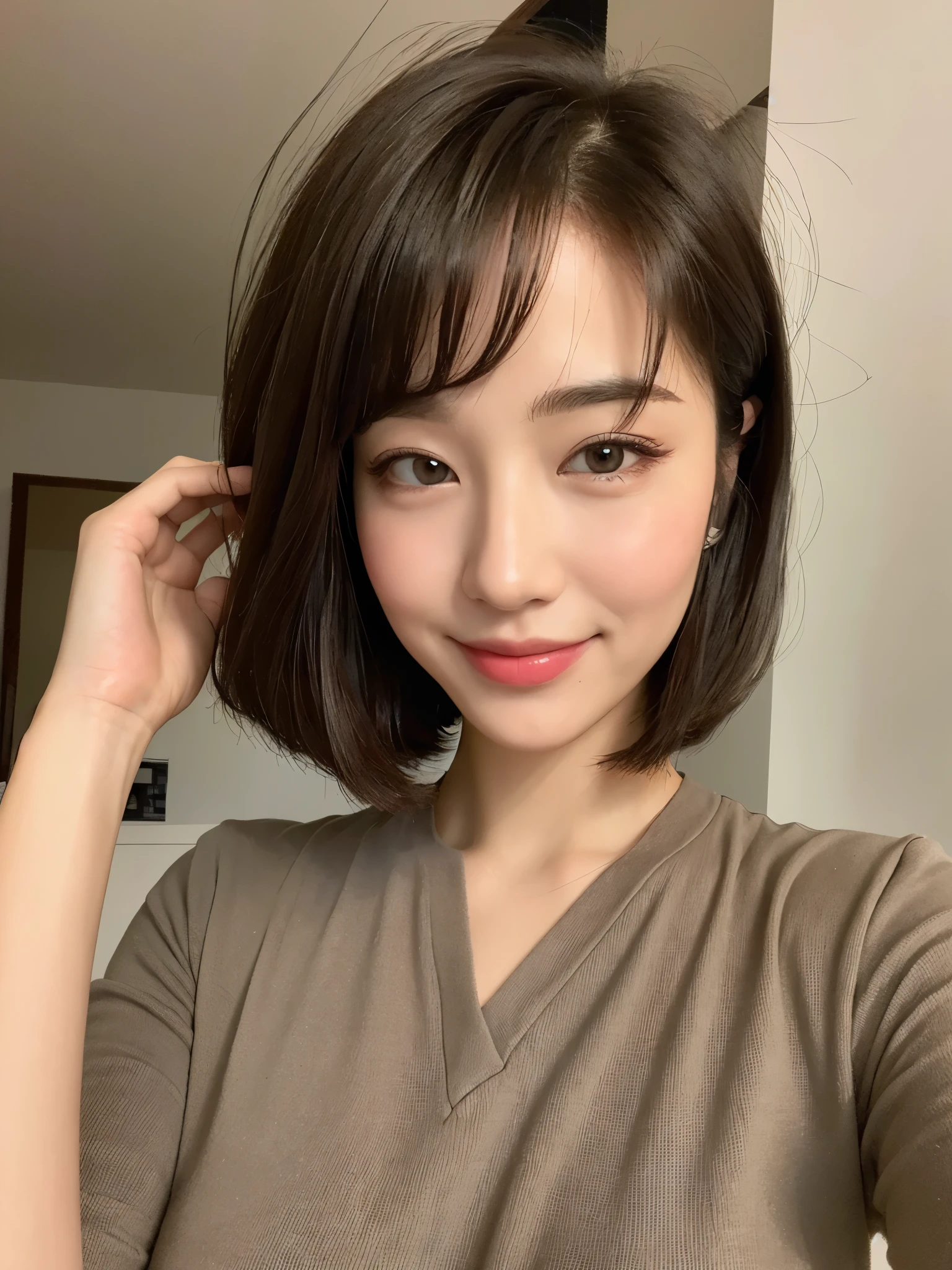 ((Best Quality, 8K, Masterpiece: 1.3)), 1girl, Slim Abs Beauty: 1.3, (Hairstyle Casual, Big Breasts: 1.2), Dress: 1.1, Super Fine Face, Delicate Eyes, Double Eyelids, Smile, Home