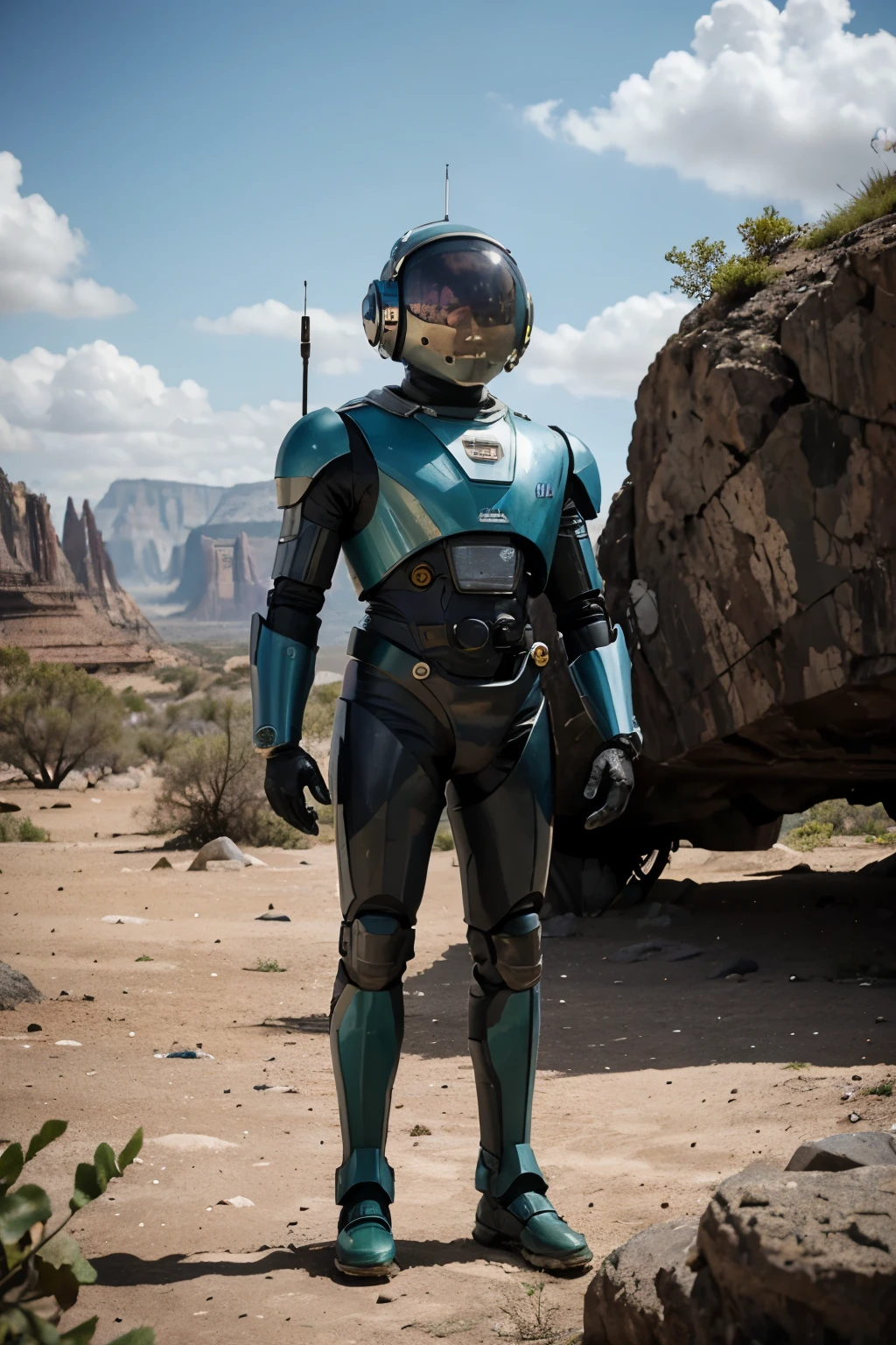 Robot from a science fiction series from the 1960s in the setting of a planet with sky, plants and rocks. Design no Estilo de Robert kinoshita, Lost in Space series, Camp, Colorido, FOrtes contrastes de cor, Scenic planet with very colorful stones and plants, green colored sky, Sci-Fi TV Show, Old TV series style  
