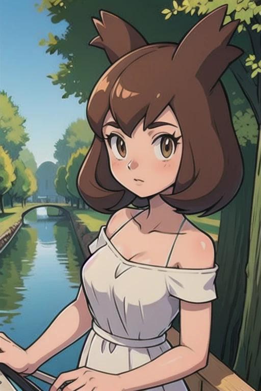 Bianca (pokemon heroes), 1 girl, brown hair, brown eyes, white dress, off shoulders, close-up-view, intricate details, sharp focus, high resolution, the background of beautiful flower park with trees and canals, beautiful sunny day,