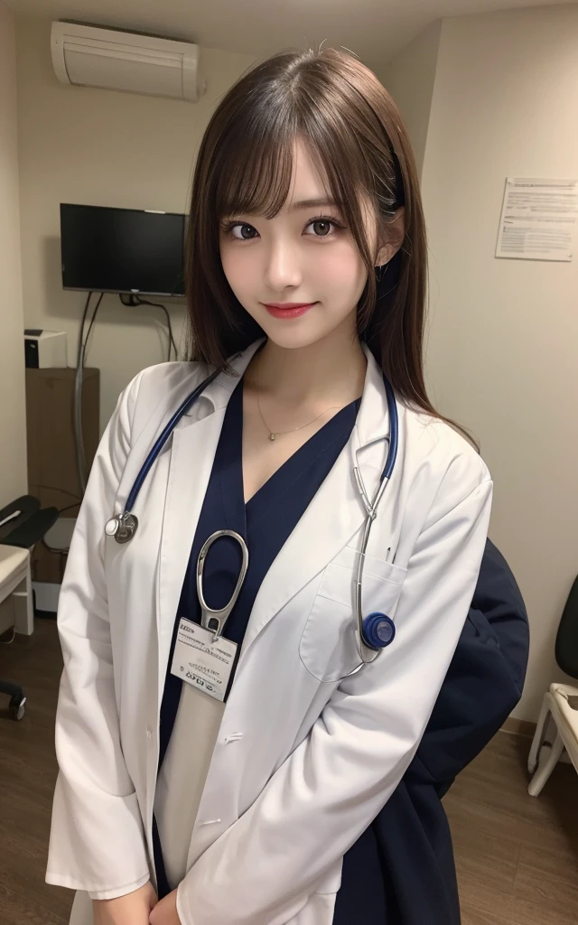 table top, highest quality, figure, super detailed, finely, High resolution, 8k wallpaper, 完璧なダイナミックな構figure, beautiful and fine eyes, Doctor's attire,bob hair, middle of chest, natural color lip, random sexy poses,smile,20 year old girl、big breasts、Examination room、Stethoscope