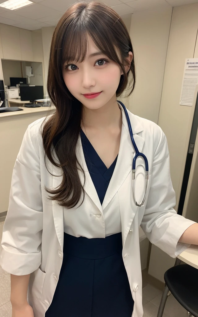 table top, highest quality, figure, super detailed, finely, High resolution, 8k wallpaper, 完璧なダイナミックな構figure, beautiful and fine eyes, Doctor's attire,bob hair, middle of chest, natural color lip, random sexy poses,smile,20 year old girl、big breasts、Examination room、Stethoscope