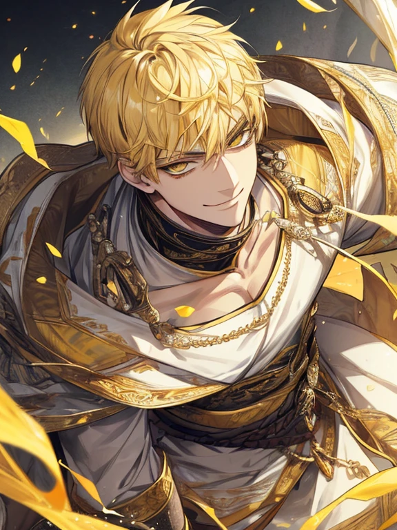 extremely detailed, 1 man, solo, perfect face, pretty face, highly detailed face，yellow short hair, yellow eyebrows、Handsome man with expressive eyes, smiling, yellow eyes、(((warrior)))、(muste piece), (best quality)、waist