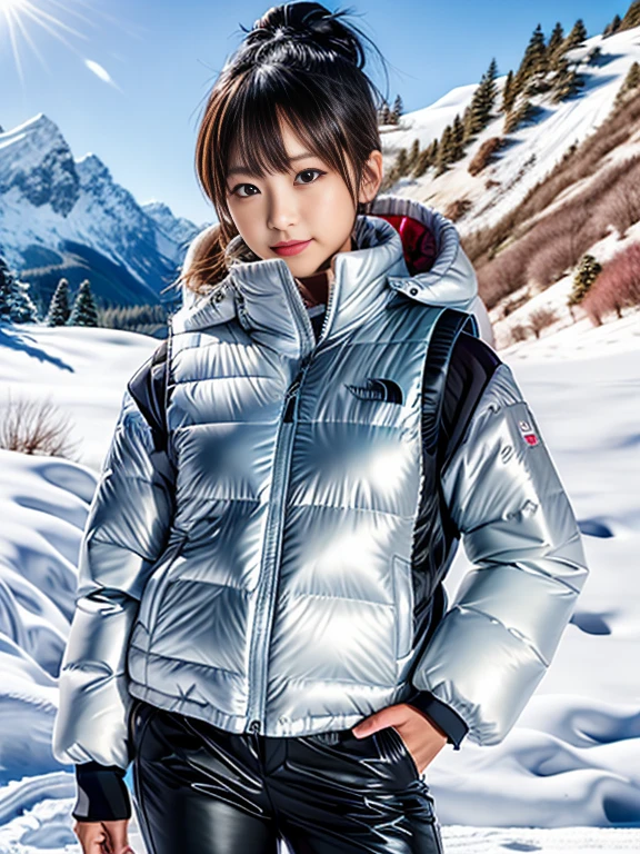 very detailed、masterpiece、Ski Resort Background、a woman in a (white down vest at northface):1.4, white puffer vest and black pants posing for a picture, model is wearing techtical vest, sportswear, sportswear, かわいいsportswear, nanocarbon-vest, white!!, white coat, tech wear women pictures, 2 techwear women, catalog photo, stylish coat for rave, full body photo, future inflatable jacket, Miko, Kim Woo