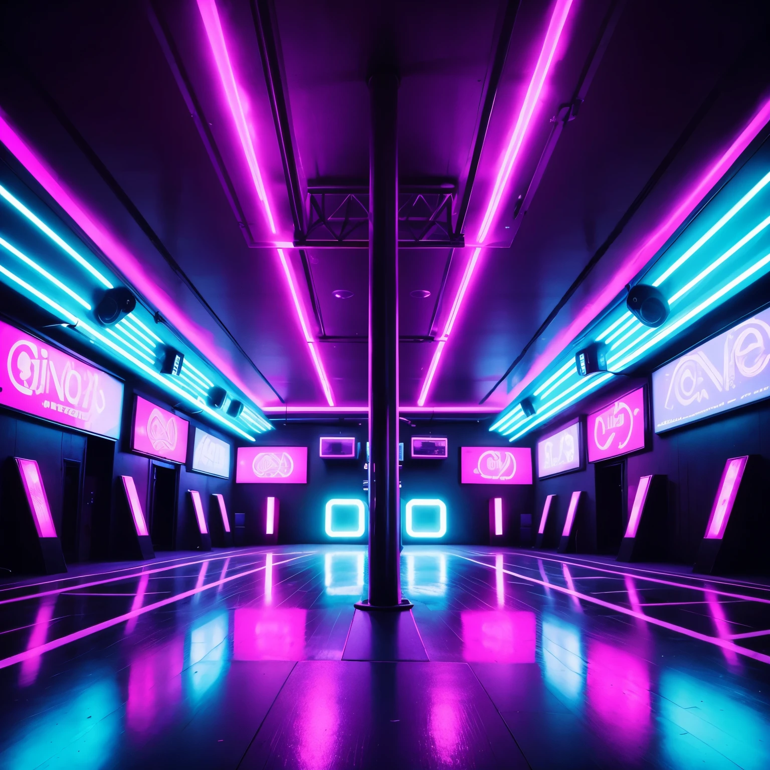pole dancing stage in a nightclub with neon lights and signs in the background