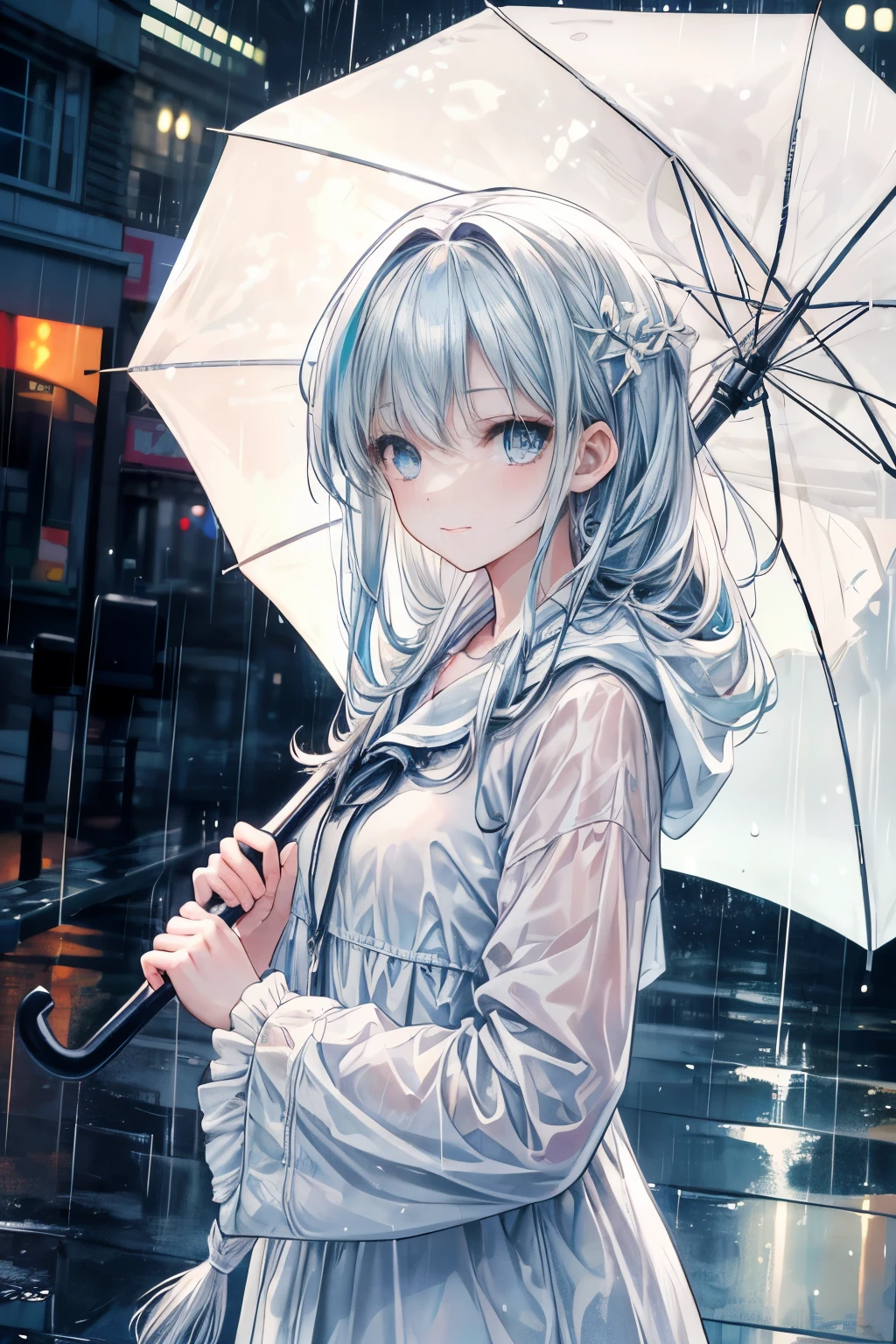 (best quality,4K,8k,high resolution,masterpiece:1.2),Super detailed,(actual,photoactual,photo-actual:1.37),Girl on a rainy day,umbrella,Beautiful and delicate eyes,Beautiful and delicate lips,Extremely detailed eyes and face,long eyelashes,wind blown hair,Lips slightly open,gentle smile,raindrops on umbrella,wet streets,Sparkling pavement,City lights reflected in the rain,Moisture in the air,wet clothes,subtle soaking effect,sparkling puddle,Playful splashes,calm expression,sheer umbrella fabric,translucent raindrops,studio lighting,Enhance color vibrancy,pastel color palette,Subtle color gradients,Atmosphere of rain,Dewy texture,Atmosphere of rain,Warm lights of nearby shops,Lively composition,depth of field,bokeh effect.