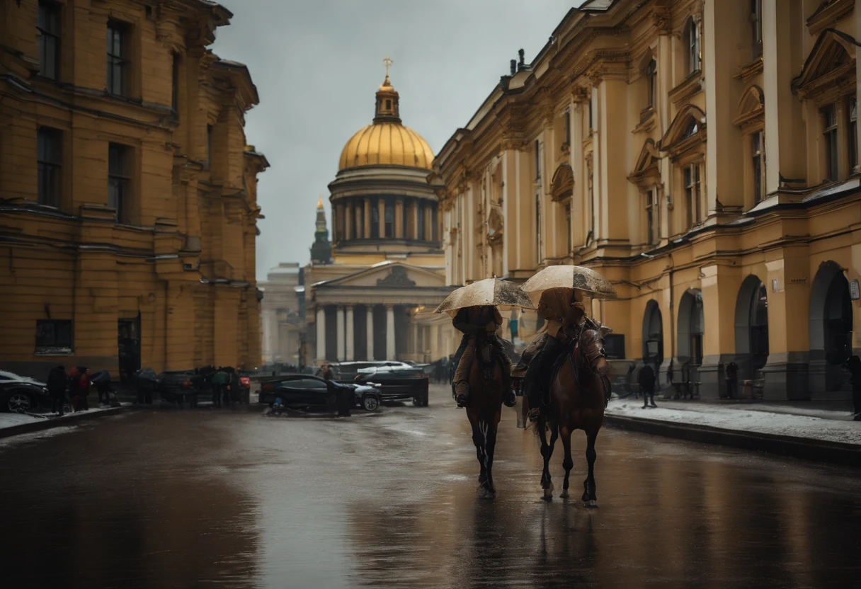 (((St. Petersburg))), Telegram-channel "True Piter" visualization, (cathedral with a large golden dome), river, (bridge with ((horse statues))), snow, rain, ((people with umbrellas)), surreal, fantastic, horror