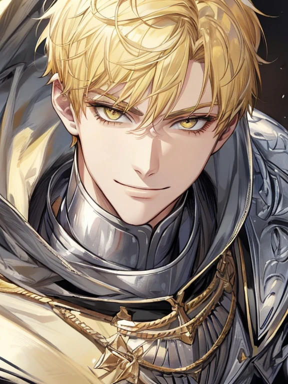 extremely detailed, 1 man, solo, perfect face, pretty face, highly detailed face,yellow short hair, yellow eyebrows、Handsome man with expressive eyes, smiling, yellow eyes、(((knight)))、(muste piece), (best quality)