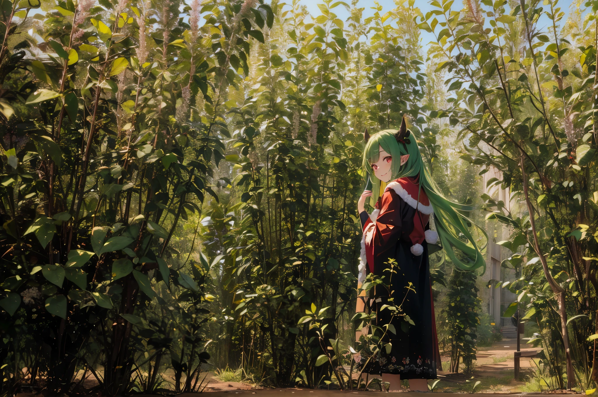 goblin, girl,beautiful face, smile, red eyes, green dress, green hair, looking at the viewer, mini skirt, window,Tea picking、harvest、おTea picking、collection、Santa、green long hair、elf