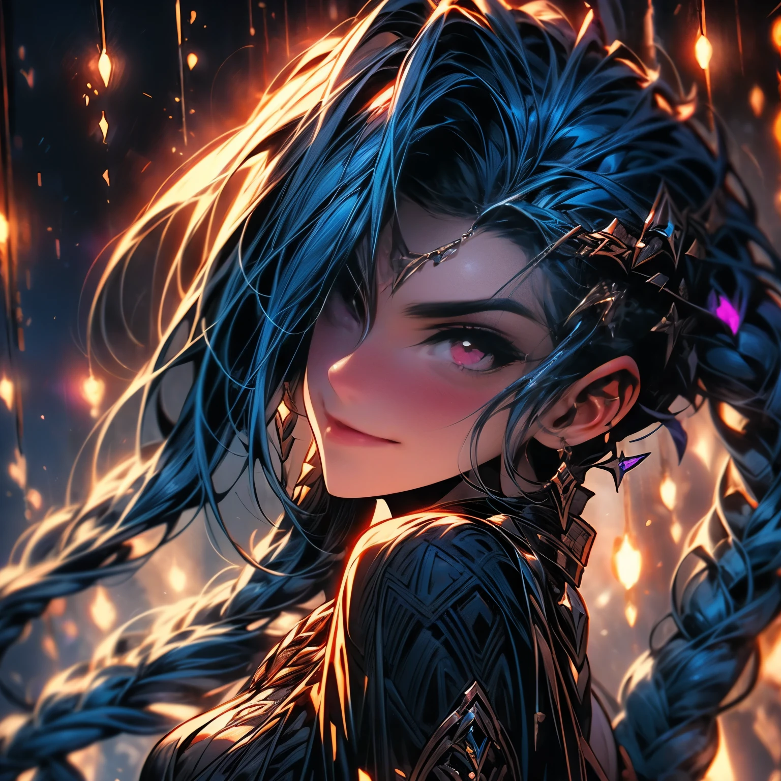 An ultra-detailed, high-res, and realistic:1.37 prompt, portraying an arcane scene inspired by the champion Jinx from League of Legends. The central focus of the image is a character with a tilted head, looking upwards with an eerie smile. The character's eyes are exceptionally detailed, radiating a sense of mystery and intensity. The lips are also beautifully detailed, showcasing a seductive yet sinister expression. The overall atmosphere is dark and mysterious, with shadows and dim lighting adding to the eerie ambiance. The image quality is top-notch, with intricate details and sharp focus. The art style leans towards concept art, blending fantasy elements with a touch of realism. The color palette is predominantly dark and moody, with splashes of vibrant colors used to highlight specific areas. The lighting is positioned to create dramatic effects, casting shadows and illuminating the scene with a haunting glow.