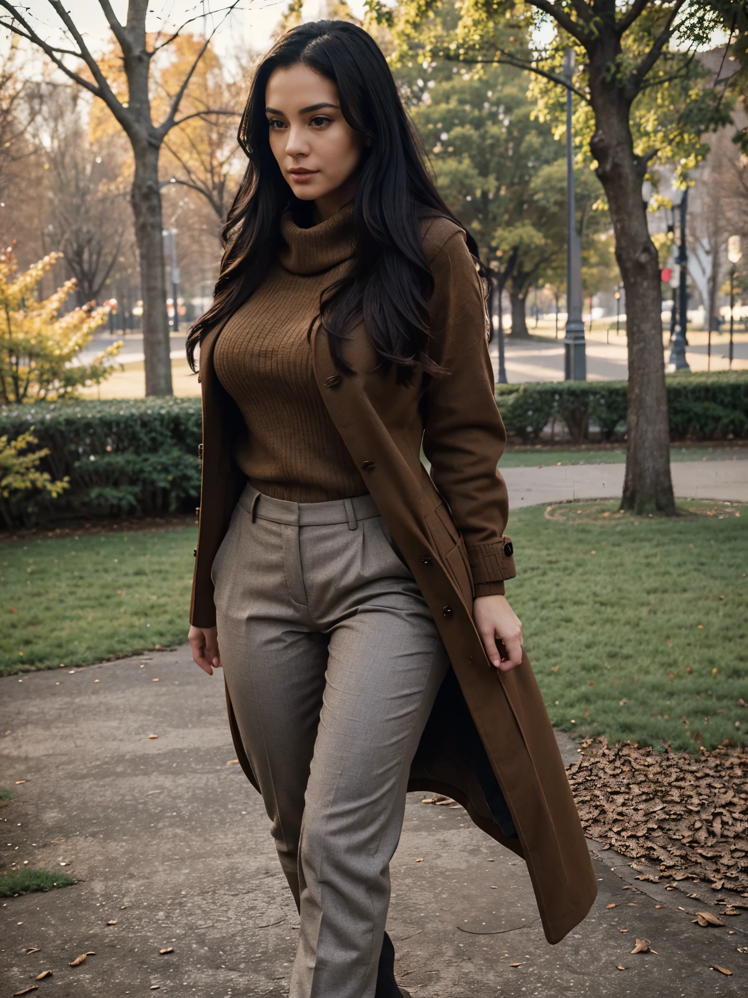 Woman walking in the park. Close photo. Long black hair. Wearing brown coat, trousers and pulover. Winter. Busty and big ass. Perfect body anatomy. Photorealistic. Realistic colors. Realistic lights. Masterpiece. Realistic anatomy. Highly detailed. Realistic details. High quality.