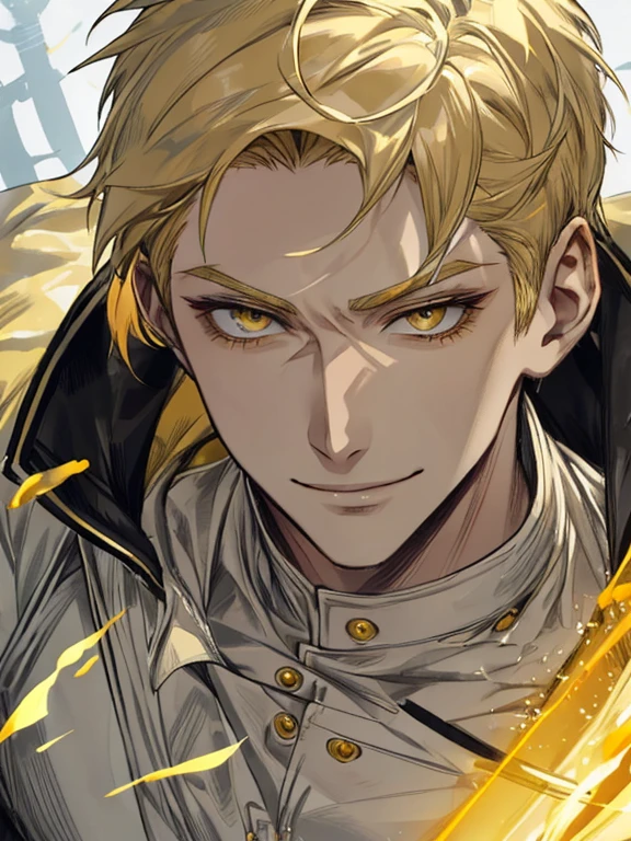 extremely detailed, 1 man, solo, perfect face, pretty face, highly detailed face，yellow short hair, yellow eyebrows、Handsome man with expressive eyes, smiling, yellow eyes、(((healer)))、(muste piece), (best quality)