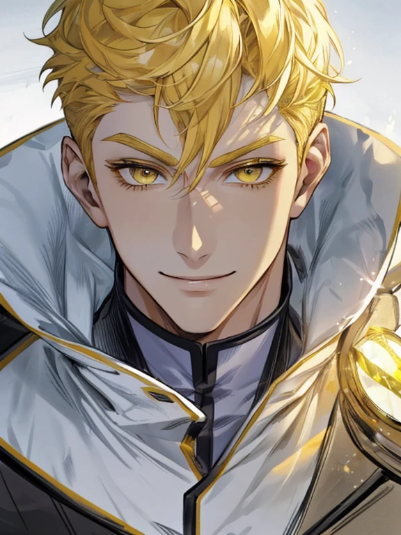 extremely detailed, 1 man, solo, perfect face, pretty face, highly detailed face,yellow short hair, yellow eyebrows、Handsome man with expressive eyes, smiling, yellow eyes、(((healer)))、(muste piece), (best quality)