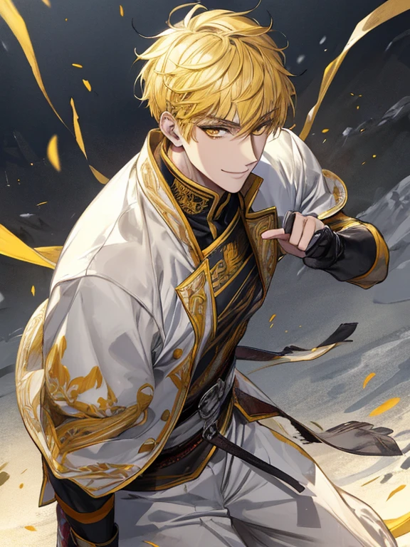 extremely detailed, 1 man, solo, perfect face, pretty face, highly detailed face,yellow short hair, yellow eyebrows、Handsome man with expressive eyes, smiling, yellow eyes、(((warrior)))、(muste piece), (best quality)、waist