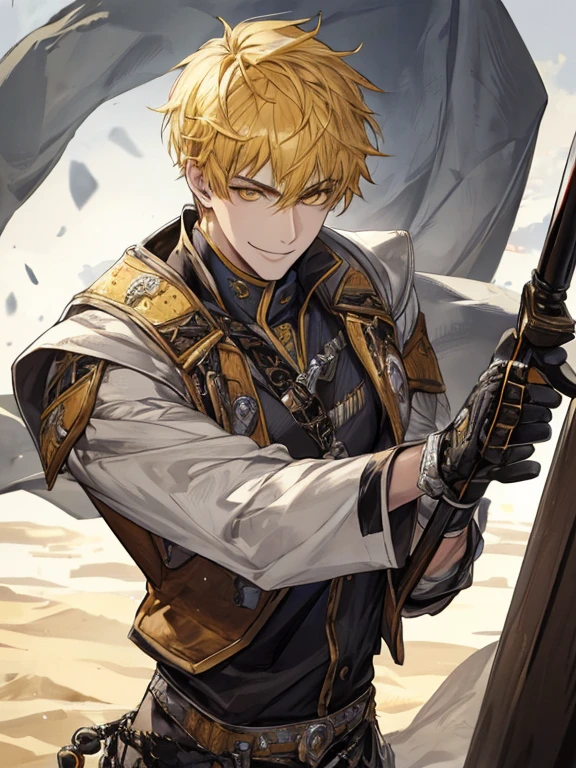 extremely detailed, 1 man, solo, perfect face, pretty face, highly detailed face，yellow short hair, yellow eyebrows、Handsome man with expressive eyes, smiling, yellow eyes、(((warrior)))、(muste piece), (best quality)、waist