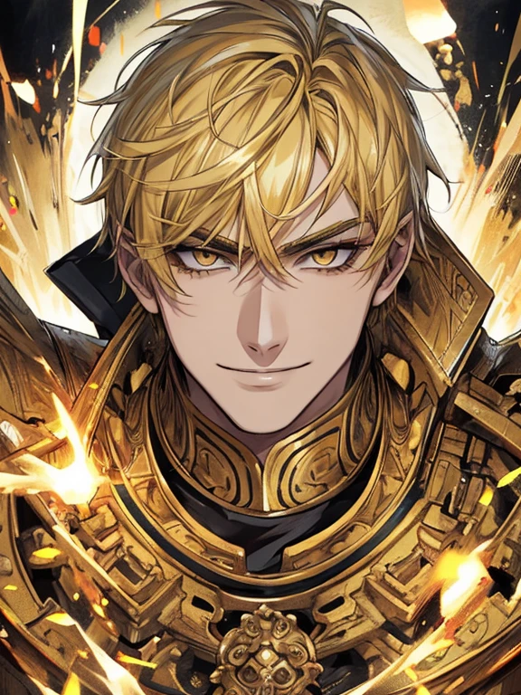 extremely detailed, 1 man, solo, perfect face, pretty face, highly detailed face，yellow short hair, yellow eyebrows、Handsome man with expressive eyes, smiling, yellow eyes、(((warrior)))、(muste piece), (best quality)、whole body