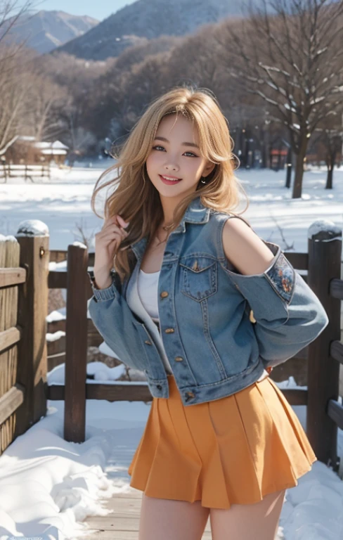 最high quality、masterpiece、ultra high resolution、Photoreal、RAW photo、1 girl、sexy look、shoulder hair、The lower half is curled and sauvage、cute smile like a model、frontage、Hair color is blonde、Orange Tight Mini Skirt、Ordinary high heels、eyes are double、wear mascara、Cute pose like a model、cute face、Gorgeous like a model、ultimate beauty、cute smile、bright smile、Masseter muscle part、最high quality、Clothes suitable for winter、trendy down jacket、The scenery in the background is Dazaifu Tenmangu Shrine..、Very cute smile、high quality、masterpiece、