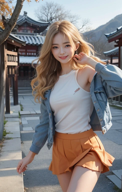 最high quality、masterpiece、ultra high resolution、Photoreal、RAW photo、1 girl、sexy look、shoulder hair、The lower half is curled and sauvage、cute smile like a model、frontage、Hair color is blonde、Orange Tight Mini Skirt、Ordinary high heels、eyes are double、wear mascara、Cute pose like a model、cute face、Gorgeous like a model、ultimate beauty、cute smile、bright smile、Masseter muscle part、最high quality、Clothes suitable for winter、trendy down jacket、The scenery in the background is Dazaifu Tenmangu Shrine..、Very cute smile、high quality、masterpiece、