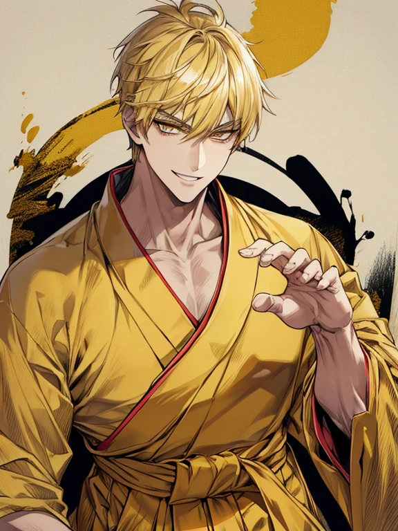 extremely detailed, 1 man, solo, perfect face, pretty face, highly detailed face，yellow short hair, yellow eyebrows、Handsome man with expressive eyes, smiling, yellow eyes、(((hakama)))、(muste piece), (best quality)