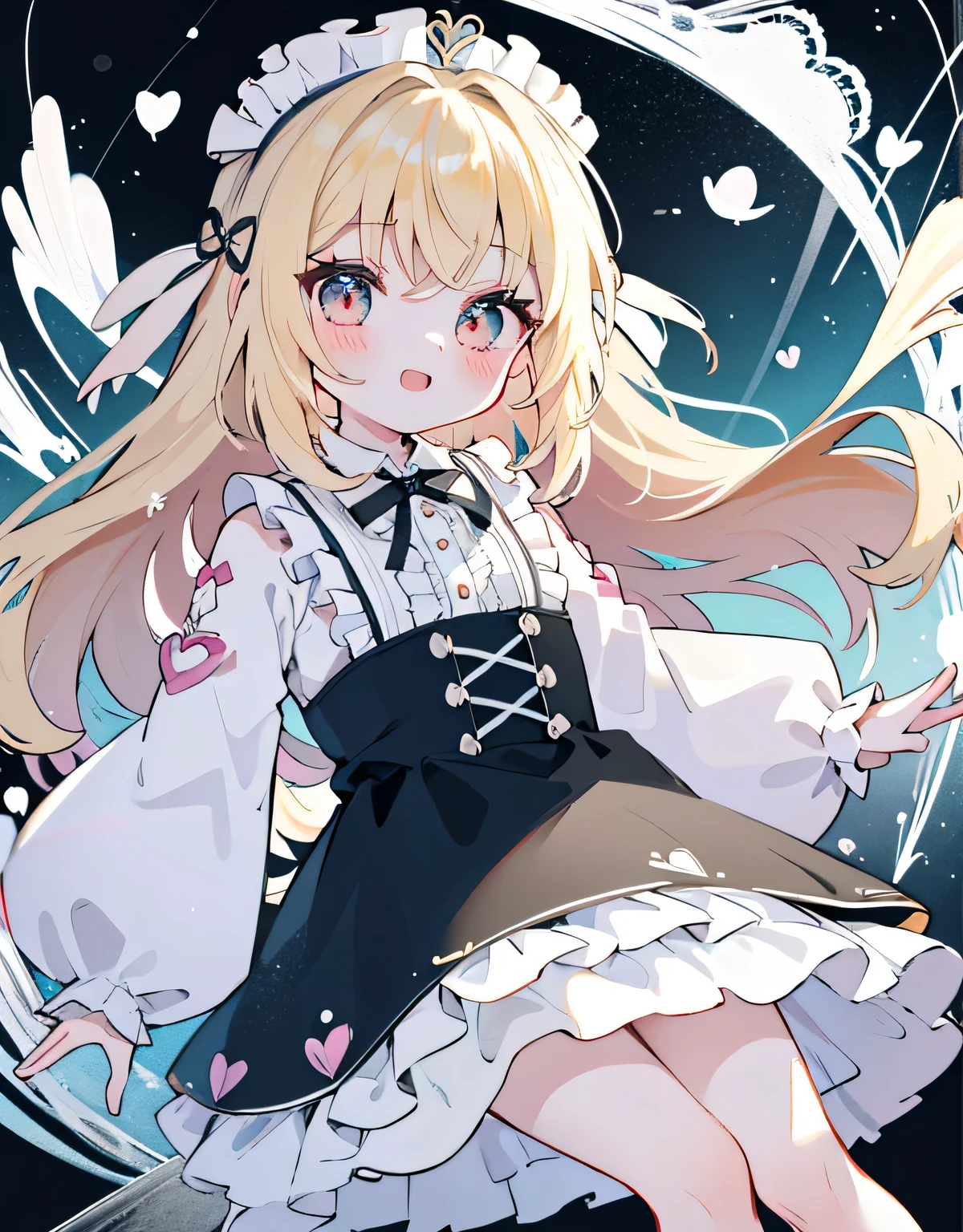 アリスstyle,Big eyes, thick line, cute,,Soup barn.Khoico,,Upper body,.\(style\):Kawaii style,,..\(composition\):\1 girl,,..\(exterior\): consistency,smile,wavy hair,blonde,Crimson Eye,..\(clothing\):,(clothing with a lot of frills, Lace and ribbon:1.2),(Pastel Color style:1.1),Cheeky face,White and light blue clothes,black shoes,,..\(action\):,..\(Location\): (encircle,Heart-shaped gemstones, Starry Heart),,..\(quality\): 最高quality,table top,,.,