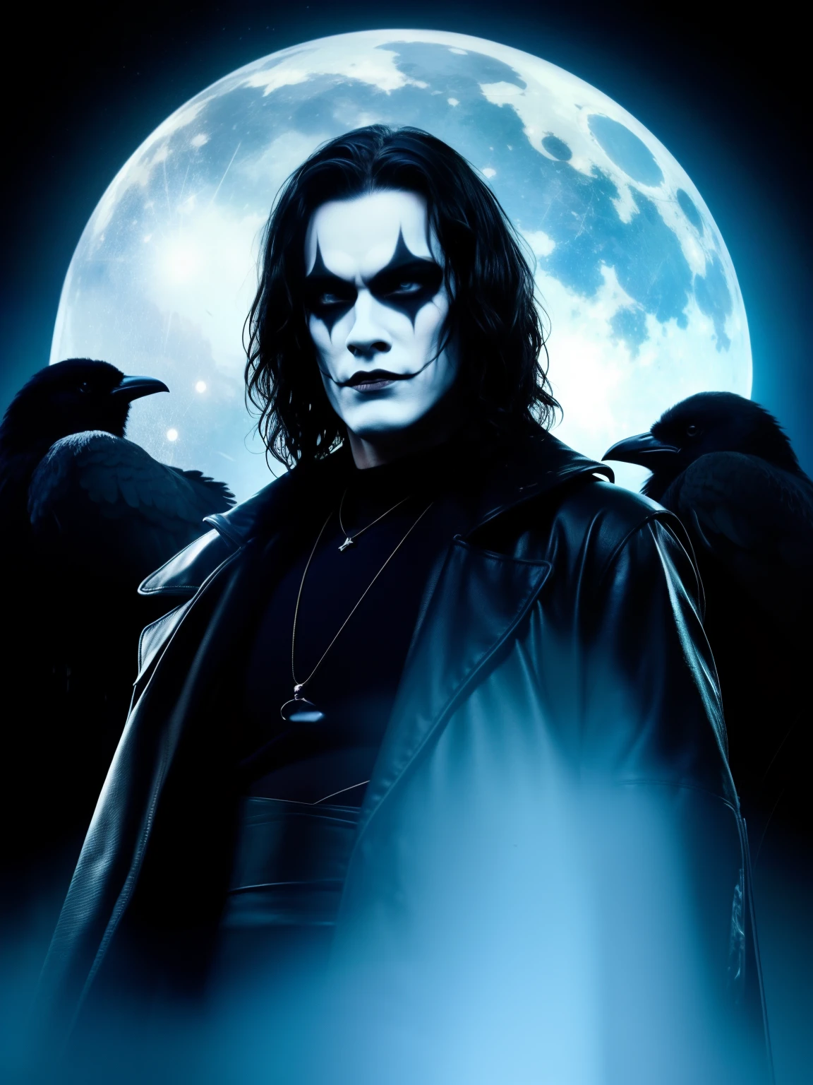 Cinema poster of the character "The Crow". A hyper-realistic cinematic image of The Crow in front of a Gothic Church. (( The Crow V.IT Face, White face with black makeup )), The gothic Church is a dark concrete skyscraper with illuminated windows and street lights. The Crow is wearing a blackblack overcoat, and black boots. He has long black hair, white face with black makeup. Wearing a The Crow Costume. He in a fighting stance, with his fingers clenched into fists. A black raven sits on his shoulder, looking at the horizon. The full moon is shining in the sky, illuminating the scene with a soft, bluish light. cinematic blue lighting, meticulous, elaborate, complex, sophisticated, refined, exquisite, delicate, precise, accurate, high resolution, pixels, DPI, saturation, contrast, HDR, cinematic lighting, shadows, reflections, special effects. DETAILED FACE, intricate. ((Black Background))