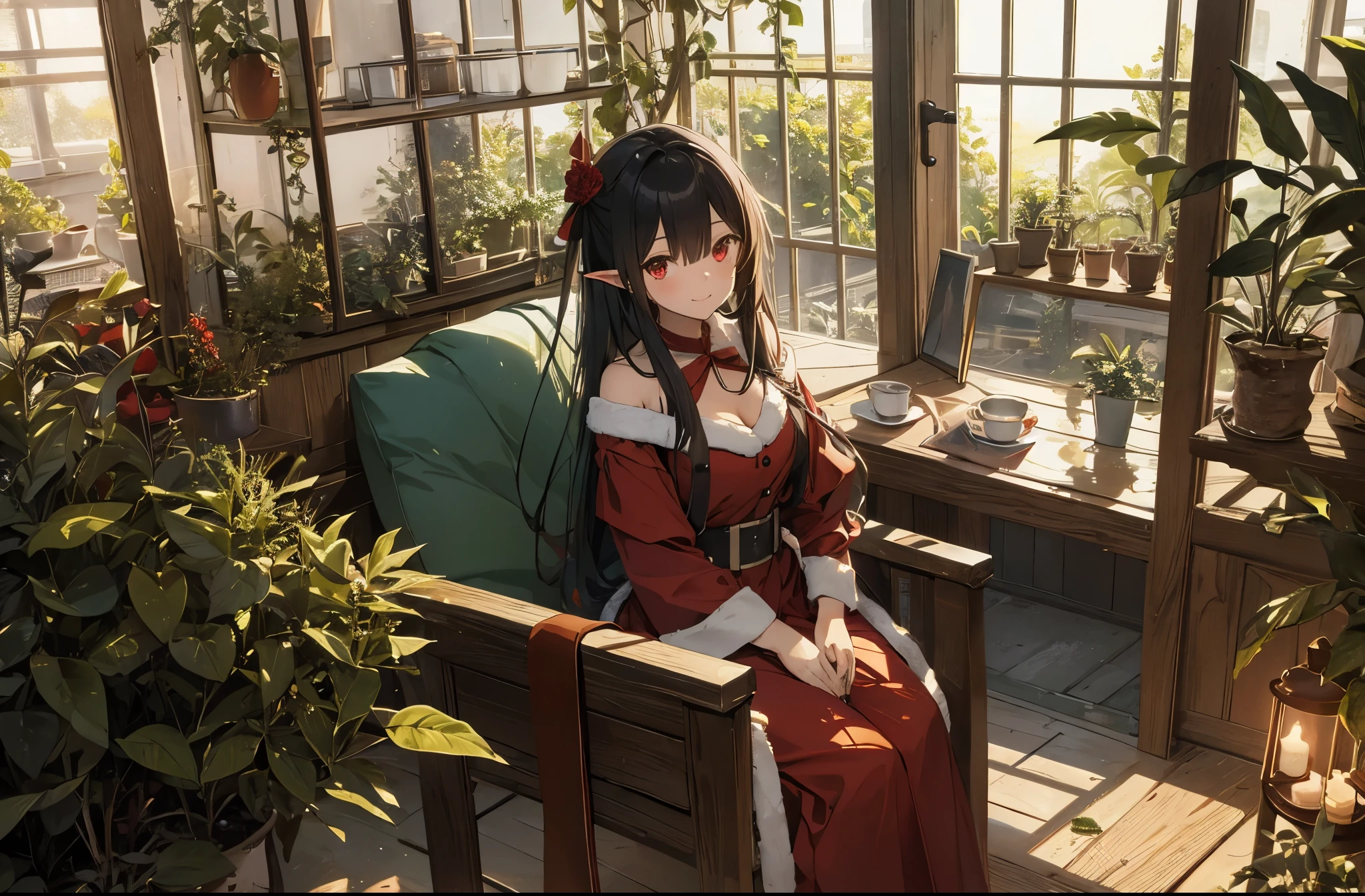 goblin, girl,beautiful face, smile, red eyes, sitting,red dress, green hair, looking at the viewer, shirt, skirt, window,Tea picking、harvest、おTea picking、collection、Santa