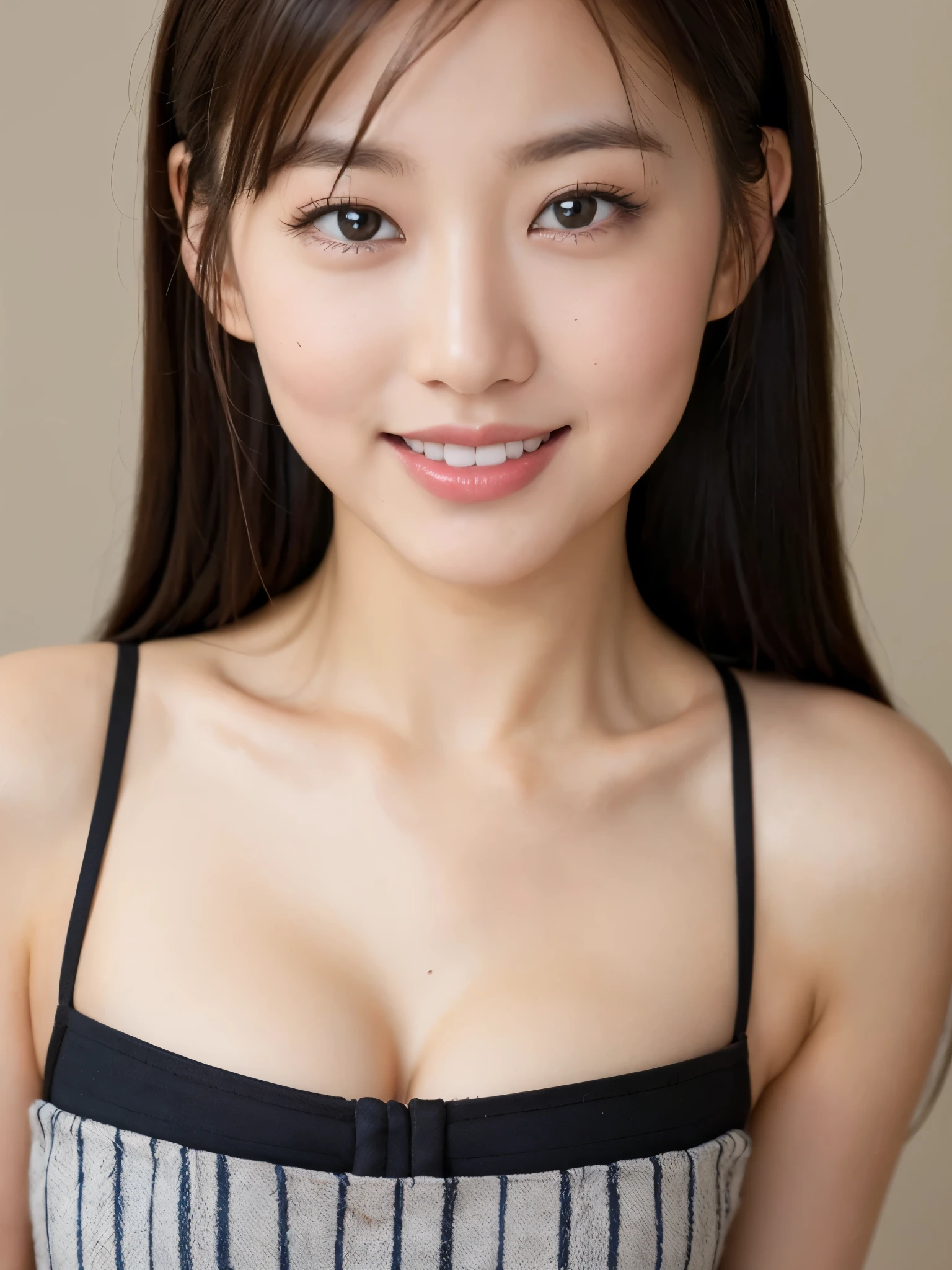 ((Best picture quality, 8K, tmasterpiece:1.3)), 1girll, Beautiful woman with slender abs:1.3, (Casual hairstyle, :1.2), Sexy low-cut small suspenders，Ultra-fine face, 詳細な目, 二重まぶた，ssmile。Take pictures in cute poses，The figure is very bad，tiny small waist，Super big breasts，Close-up，Close-up chest，White-skinned，beatiful background