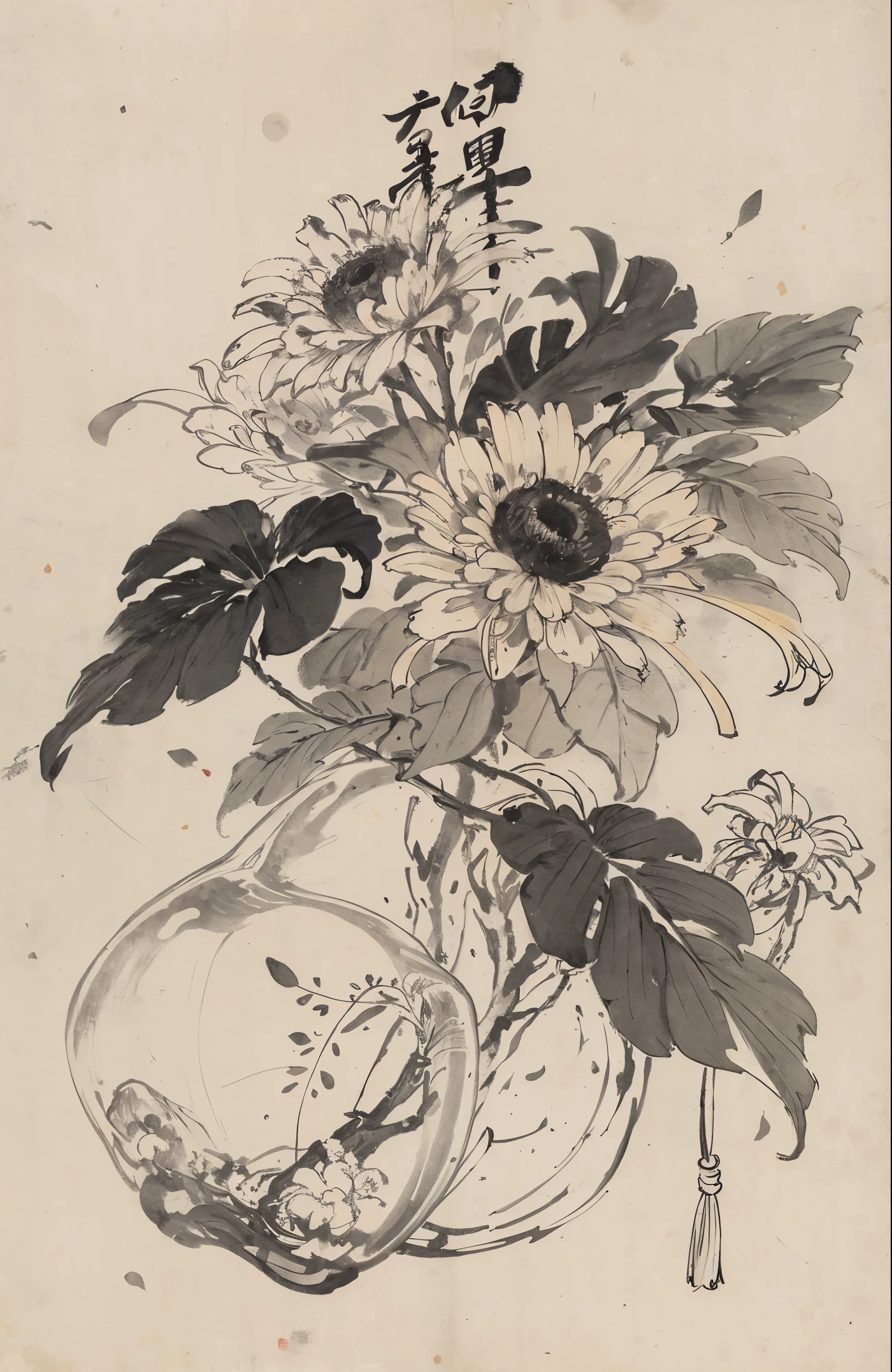 (master masterpiece，best best quality：1.2），chinese traditional ink painting，chrysanthemums，The flowers are conical or globular，Petals come in a variety of colors and shapes，The flower center is often yellow or golden yellow。The stem is erect or obliquely extended，The height can reach tens of centimeters to several meters。The leaves are ovate or inverted ovate，There are jagged edges。The inflorescences vary in morphology，There are scatters、Conical or umbel-shaped inflorescences。The root system is slender and developed。