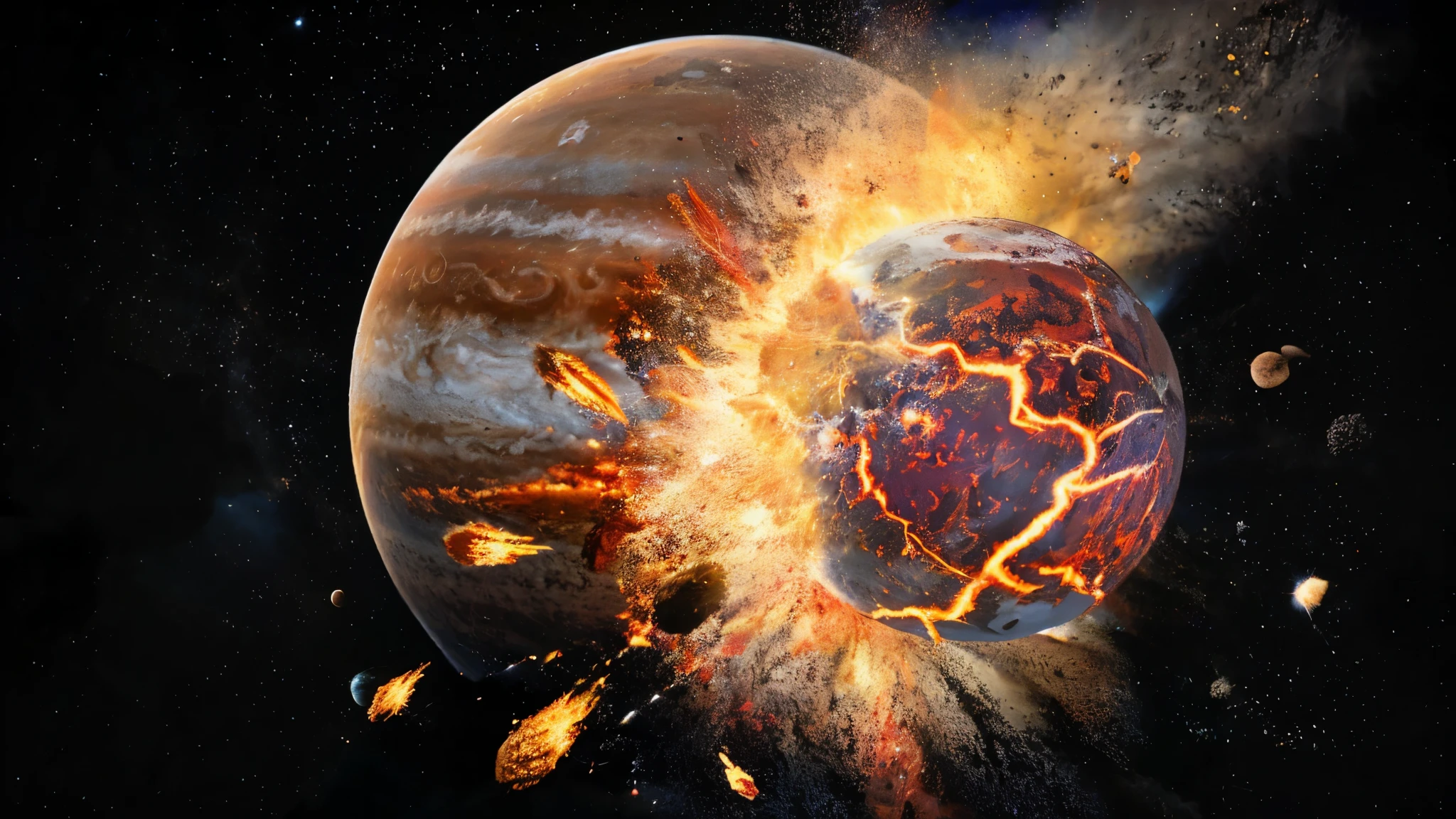 a close up of a planet with a fireball exploding out of it, two planets colliding, planets colliding, exploding planet in background, destroyed planet, red planetoid exploding, planets crashing, planet earth exploding, in honor of jupiter's day, abiogenesis, apocalyptic spherical explosion, by Juan O'Gorman, by John Luke, by Juan Giménez
