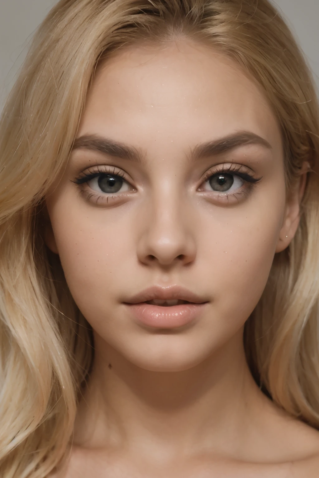 blonde with latin roots, beautiful face, big lips, big eyes, symetric face, sexy,