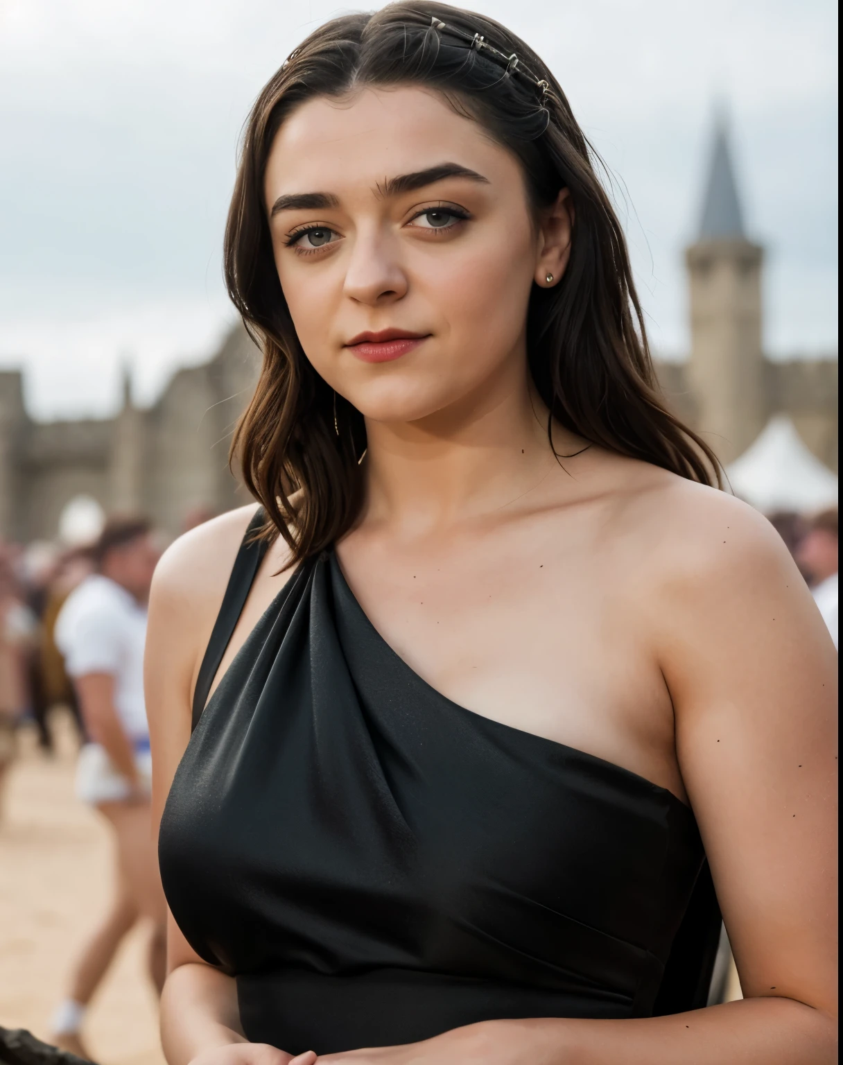 Foto RAW, RAW photograph of Maisie Williams as Arya Stark, Arya Stark, mediaeval world cinematic background, Extremely gorgeous lady, Arya Stark PLAYED BY MAISIE WILLIAMS, Queen Arya Stark, she  a mature woman now, milf, sexy mediaeval battle dress, gladiator woman, body, 40 years old Woman, body revealing costumes, perky breast, skin pores, big natural breast, erotic costumes, lusty physique, seductive figure can capture every people's attention, Game of thrones costumes, revealing captivating figure, Mediaeval costumes, revealing clothes, A tomboy, she would rather fence than dance, red lips, warrior queen , game of thrones screen caps, Game of Thrones Series, (pele altamente detalhada: 1.2), 8k UHD, DSLR, soft-lighting, alta qualidade, grain of film, Fujifilm XT3, flawless picture, highly detailed, detailed Beauty, intricate, 32k, sharp picture,