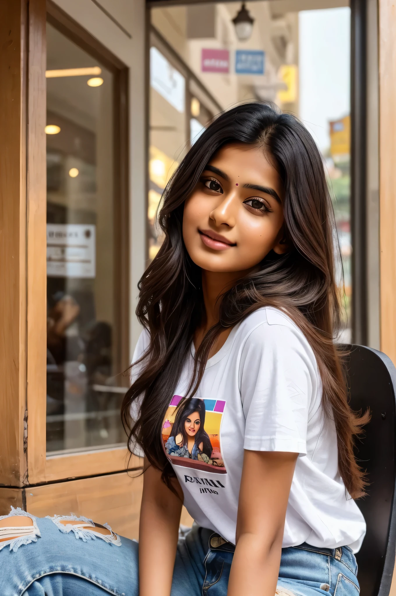 lovely cute young attractive indian girl, brown eyes, gorgeous actress, 23 years old, cute, an Instagram model, longhair, colorful hair, winter, Indian, wearing a white t-shirt and black jeens. make it more realistic. she is sitting in the coffee cafe and gaving a pose to the camara. looking directly into the camara