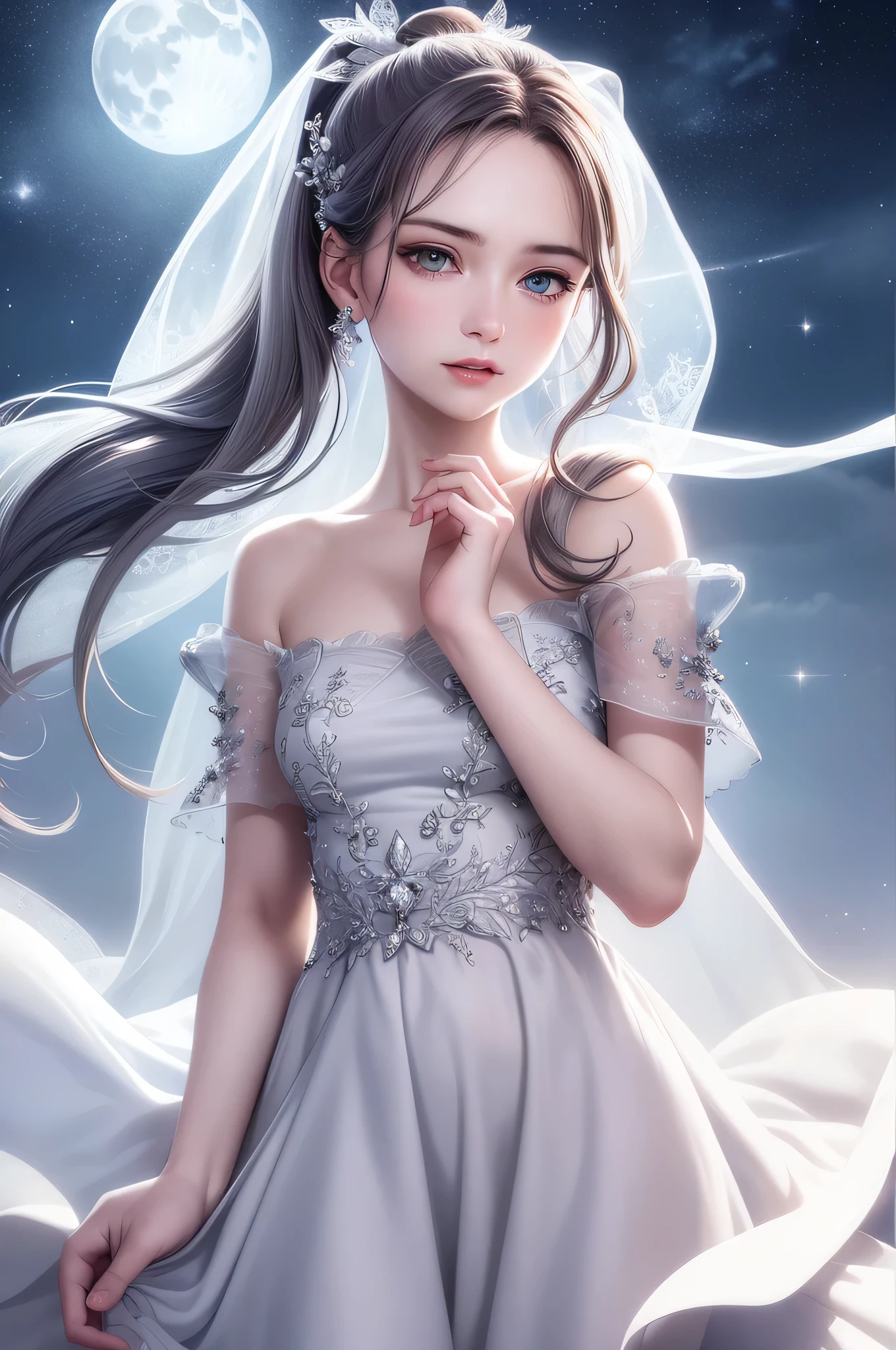 masterpiece, (best quality:1.2), (very detailed:1.2), illustration, (Very delicate and beautiful:1.2),cinematic angle,floating, (beautiful and delicate eyes:1.1), (detailed lighting:1.1),cinematic lighting, The sky with beautiful details, female, gray hair, blue eyes, (high ponytail:1.1), cloak, shining eyes, (moon:1.2), (moonlight:1.1), starry skies, (lighting particle:1.1), Fog, snow painting, sketch, flower