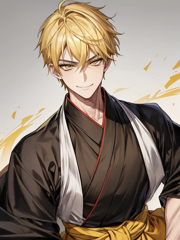 extremely detailed, 1 man, solo, perfect face, pretty face, highly detailed face,yellow short hair, yellow eyebrows、Handsome man with expressive eyes, smiling, yellow eyes、(((Black Hakama)))、(muste piece), (best quality)