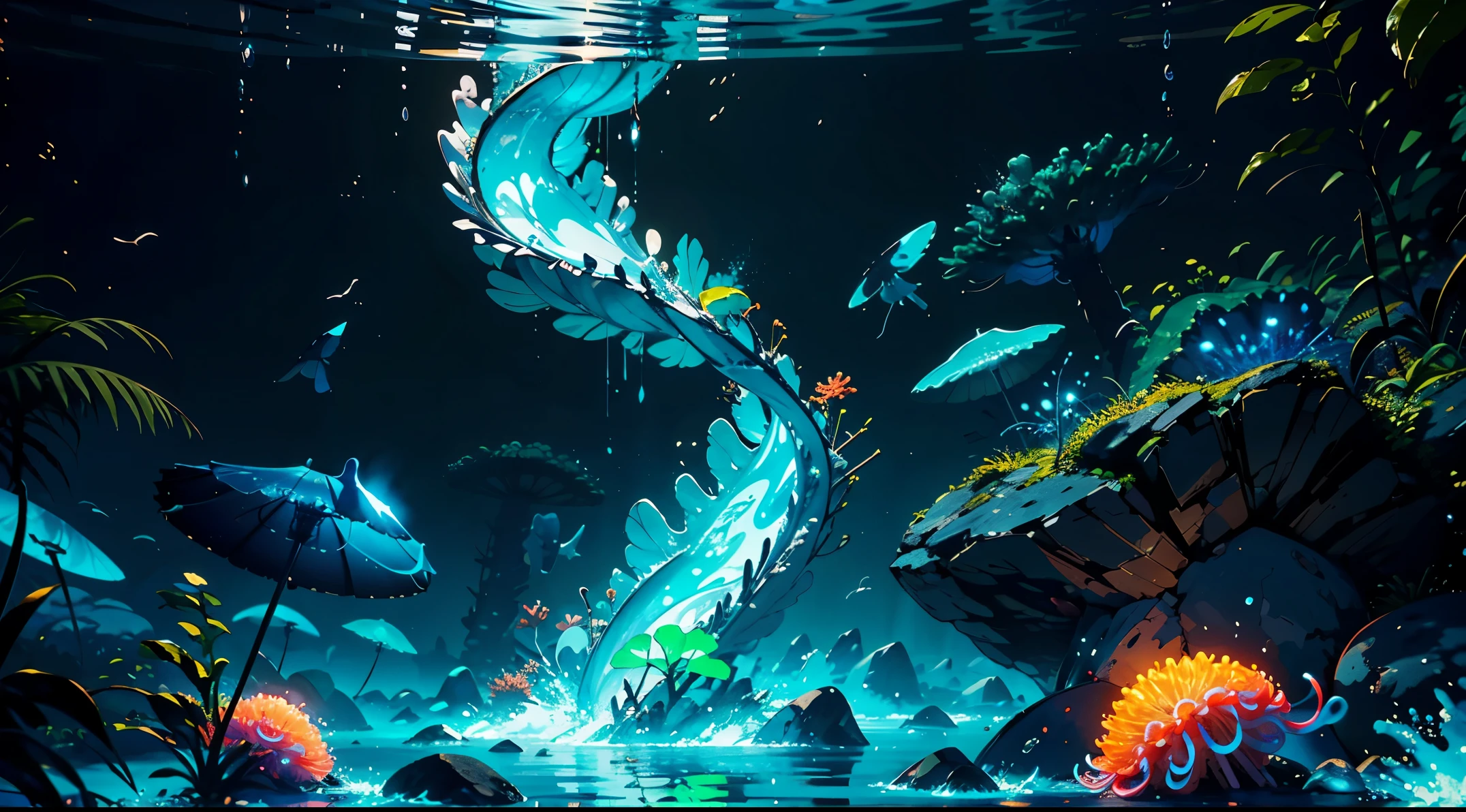 Masterpiece, best quality, (very detailed CG unity 8k wallpapers), (best quality), (best illustrations), (best shadows), marine theme with natural elements. Tall mangroves, rich marine plants, glowing jellyfish, surrounded by schools of fish, glowing particle effects,, (marine plants), (ocean theme), ((luminous algae)), (coral), ((glowing jellyfish )), ((Glow Creatures in Seawater)), ((Sea Fire)), (((Particle Effect))), Isometric 3D, Octane Rendering, Ray Tracing, Super Detailed --v6