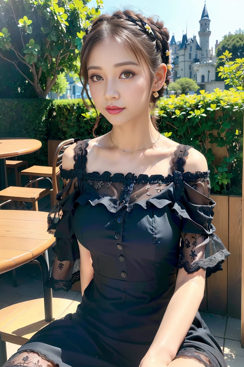 (((gothic fashion:1.3)),(((lace off shoulder dress))),(((Costume with intricate lace details))),(emphasize big breasts:1.3),(europe castle background:1.3),(Flower bed with colorful flowers in the garden),(squat:1.3),(Make the subject look three-dimensional with the contrast of light and shadow),cute and beautiful girl,cute round face,cute smile,with blushing cheeks,red lips,(silvery hair,floral braided headband,half up、floral braided space buns,voluminous fishtail braid,twisted chignon,),(The bangs are see-through bangs),hairpin,hair ornaments,Detailed clothing characteristics,Detailed characteristics of hair,detailed facial features,(dynamic angle),(Dynamic and sexy poses),professional lighting,cinematic light,(table top,highest quality,Ultra high resolution output image, Depth of bounds written,) ,(32k quality,Depth of bounds written,Anatomically accurate facial structure,),(sea art 2 mode:1.3),(Image mode Ultra HD,)