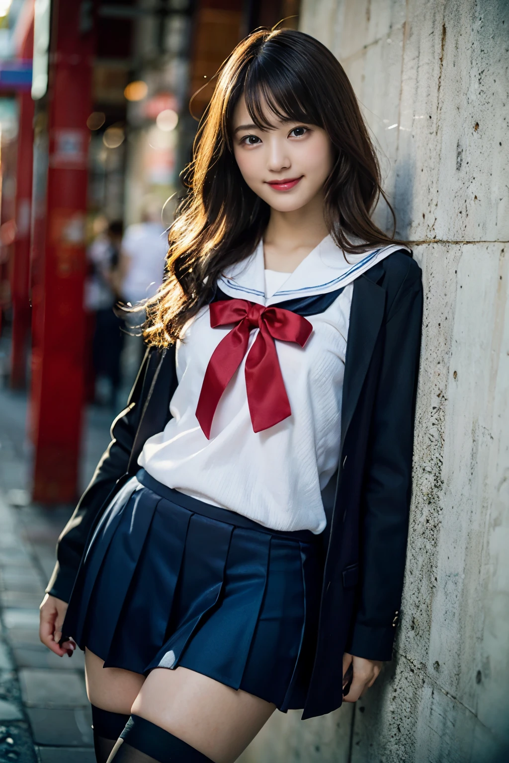 (8K、Raw photography、top-quality、masterpiece:1.2)、(realisitic、Photorealsitic:1.37)、ultra-detailliert、超A high resolution、女の子1人、see the beholder、beautifull detailed face、A smile、Constriction、(Slim waist) :1.3)、Beautiful detailed skin、Skin Texture、Floating hair、Professional Lighting、Whole human body、Longhaire、a blond、japanese hight school uniform、a sailor suit、Bob Hair、E-cup、Happy smile、sixteen years old、Red ribbons、a baby face、Childish smile、Suppin、Moisturizing lips、Thin pink lips、Dark blue skirt、Dark blue knee-high socks、white thighhig、Healthy body、full bodyesbian