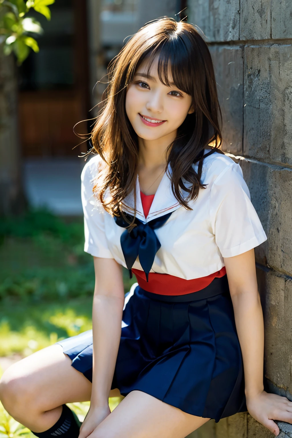 (8K、Raw photography、top-quality、masterpiece:1.2)、(realisitic、Photorealsitic:1.37)、ultra-detailliert、超A high resolution、1人、see the beholder、beautifull detailed face、A smile、Constriction、(Slim waist) :1.3)、Beautiful detailed skin、Skin Texture、Floating hair、Professional Lighting、Whole human body、Longhaire、a blond、japanese hight school uniform、a sailor suit、Bob Hair、E-cup、Happy smile、sixteen years old、Red ribbons、a baby face、Childish smile、Suppin、Moisturizing lips、Thin pink lips、Dark blue skirt、Dark blue knee-high socks、white thighhig、Healthy body、full bodyesbian