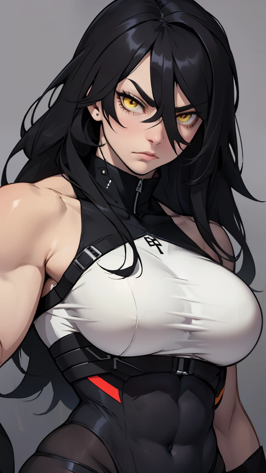 pale angry muscular girl thick breast black hair yellow eyes long hair hair between eyes