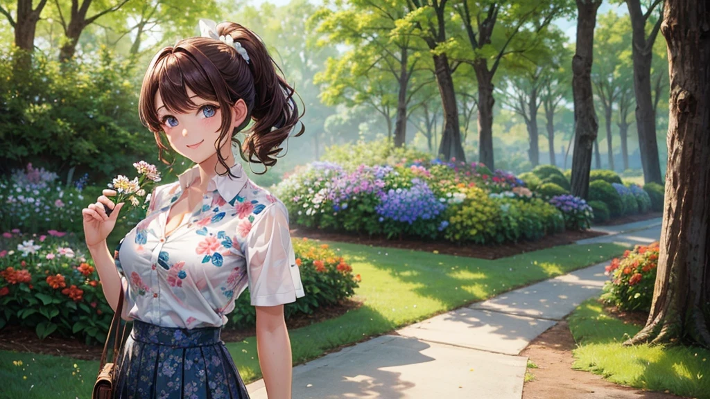 button down shirt, ((floral pattern white shirt)), ((unbuttoned shirt)), ((short sleeved shirt)), cleavage 1:3