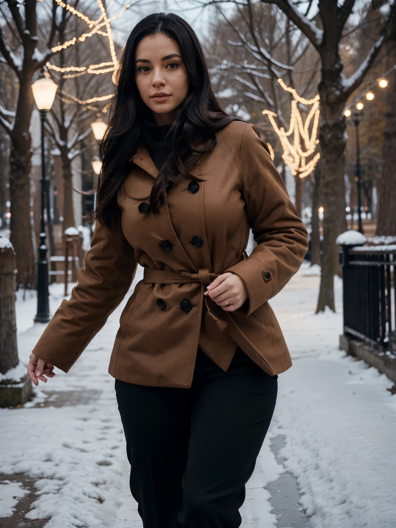 Woman walking in the park. Close photo. Long black hair. Wearing brown coat, trousers and pulover. Winter. Busty and big ass. Perfect body anatomy. Photorealistic. Realistic colors. Realistic lights. Masterpiece. Realistic anatomy. Highly detailed. Realistic details. High quality.