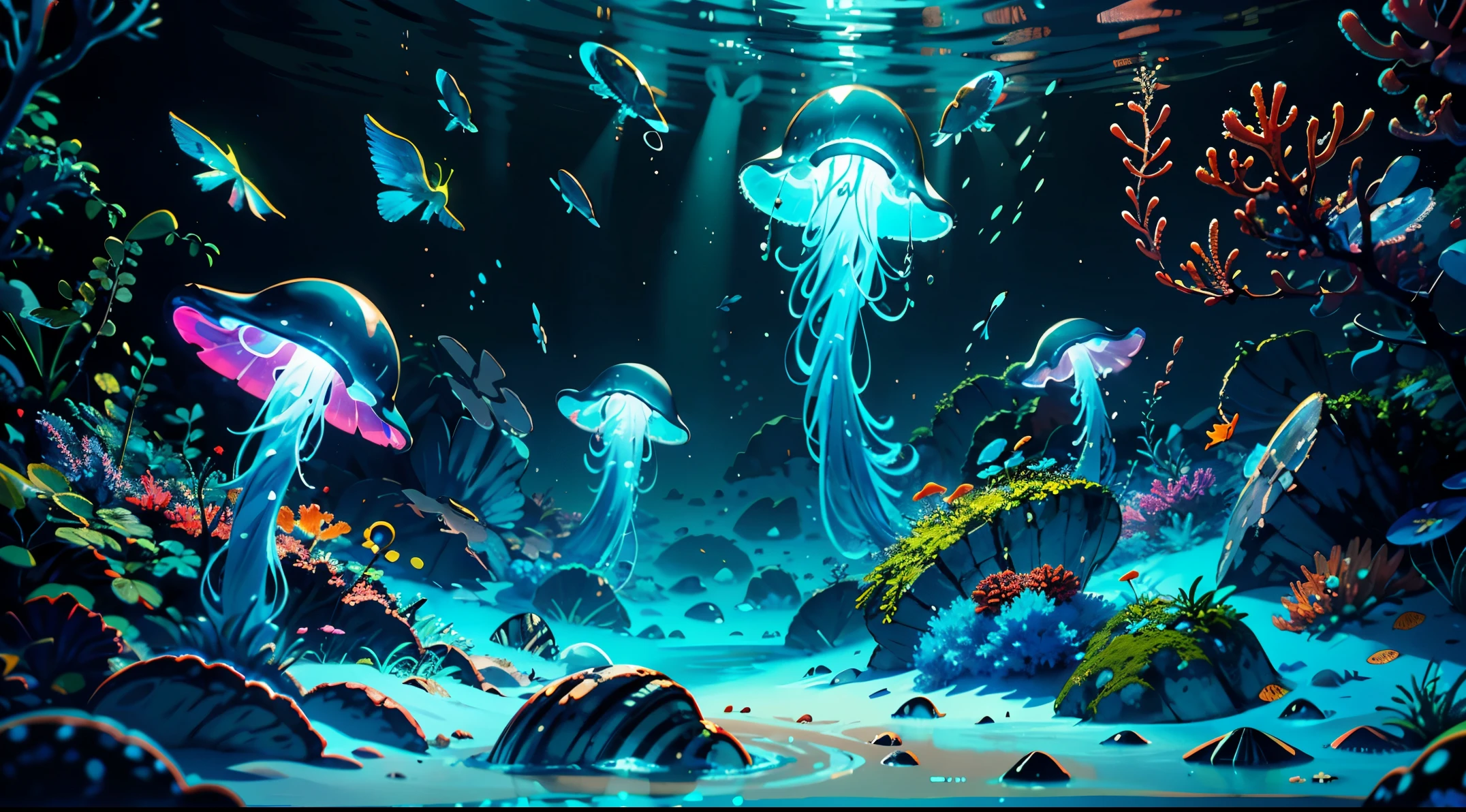 Masterpiece, best quality, (very detailed CG unity 8k wallpapers), (best quality), (best illustrations), (best shadows), marine theme with natural elements. Tall mangroves, rich marine plants, glowing jellyfish, surrounded by schools of fish, glowing particle effects,, (marine plants), (ocean theme), ((luminous algae)), (coral), ((glowing jellyfish )), ((Glow Creatures in Seawater)), ((Sea Fire)), (((Particle Effect))), Isometric 3D, Octane Rendering, Ray Tracing, Super Detailed --v6