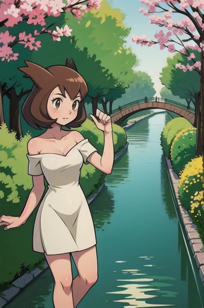 Bianca (pokemon heroes), 1 girl, brown hair, brown eyes, white dress, off shoulders, white slippers, intricate details, sharp focus, high resolution, the background of beautiful flower park with trees and canals, beautiful sunny day,