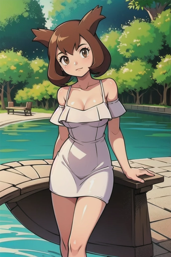 Bianca (pokemon heroes), 1 girl, solo, short hair, brown hair, brown eyes, bare shoulders, strapless, off shoulders, ruffle alluring attire top, white maxi dress, close up headshot, intricate details, sharp focus, high resolution, the background of beautiful flower park with trees and canals, beautiful sunset, smile, standing on the bridge, arms behind back